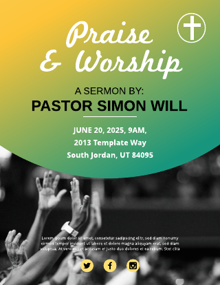 Yellow and Green Praise and Worship Church Flyer Template