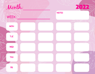 Rosy Pink and Plants Illustration Weekly Calendar Template