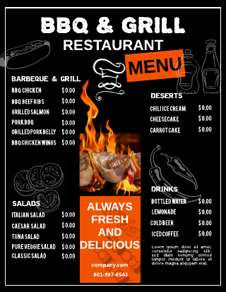 Black and Orange BBQ and Grill Restaurant Menu Template