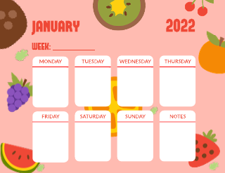 Peach and Baby Blue Fruits Weekly Calendar Template