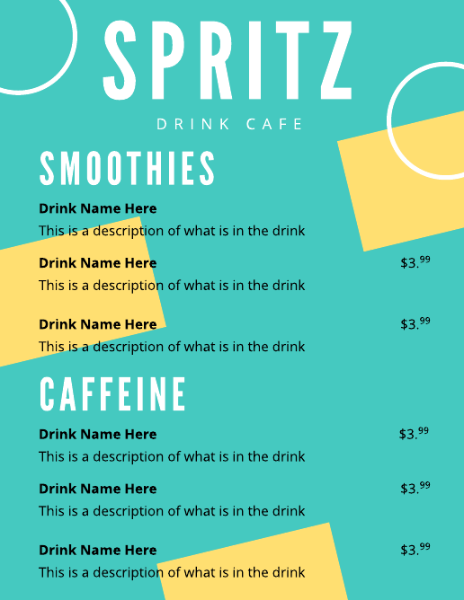 Blue and Yellow Shape Drink Menu